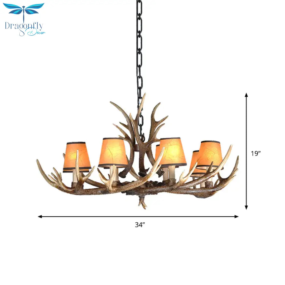 4/6/8 Lights Resin Chandelier Lamp Loft Brown Cone Dining Room Down Lighting Pendant With Fabric