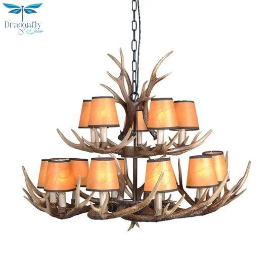 4/6/8 Lights Resin Chandelier Lamp Loft Brown Cone Dining Room Down Lighting Pendant With Fabric