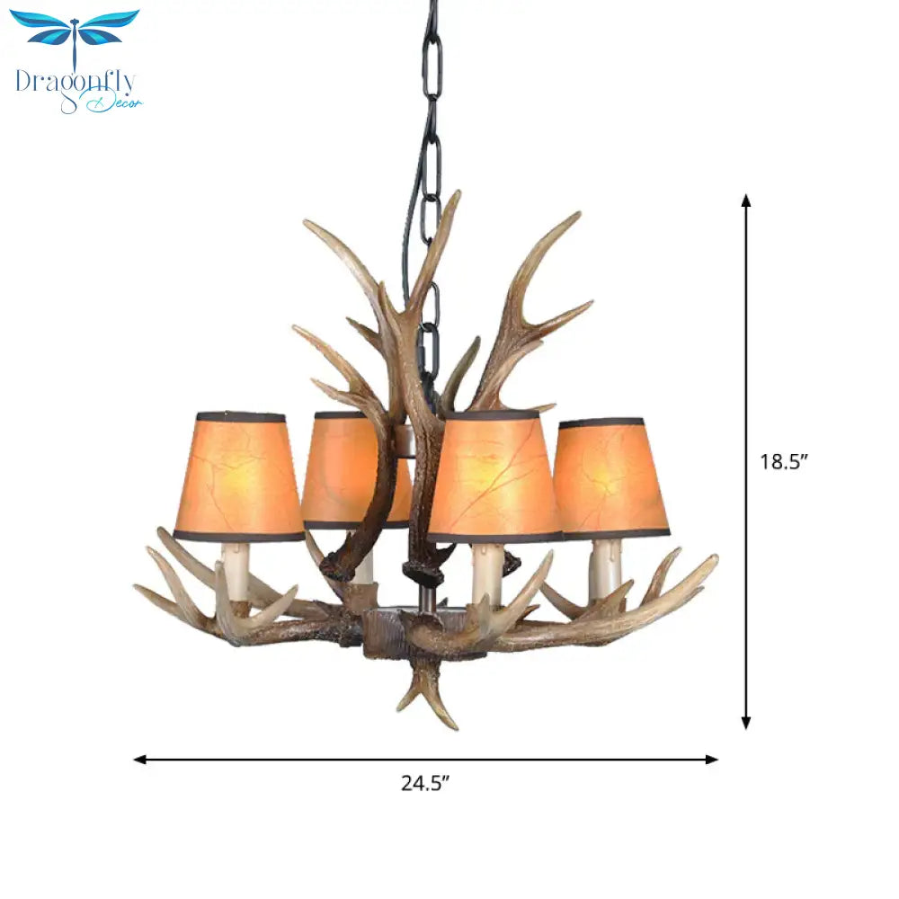 4/6/8 Lights Resin Chandelier Lamp Loft Brown Cone Dining Room Down Lighting Pendant With Fabric