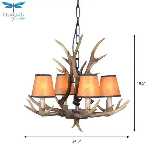 4/6/8 Lights Resin Chandelier Lamp Loft Brown Cone Dining Room Down Lighting Pendant With Fabric