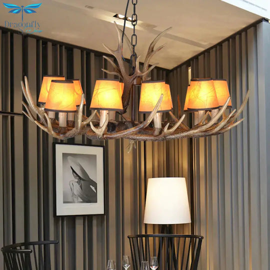 4/6/8 Lights Resin Chandelier Lamp Loft Brown Cone Dining Room Down Lighting Pendant With Fabric
