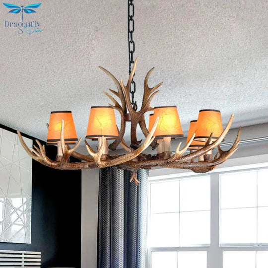 4/6/8 Lights Resin Chandelier Lamp Loft Brown Cone Dining Room Down Lighting Pendant With Fabric