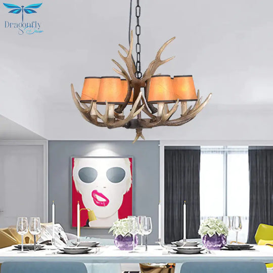 4/6/8 Lights Resin Chandelier Lamp Loft Brown Cone Dining Room Down Lighting Pendant With Fabric