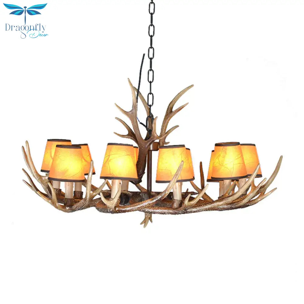 4/6/8 Lights Resin Chandelier Lamp Loft Brown Cone Dining Room Down Lighting Pendant With Fabric