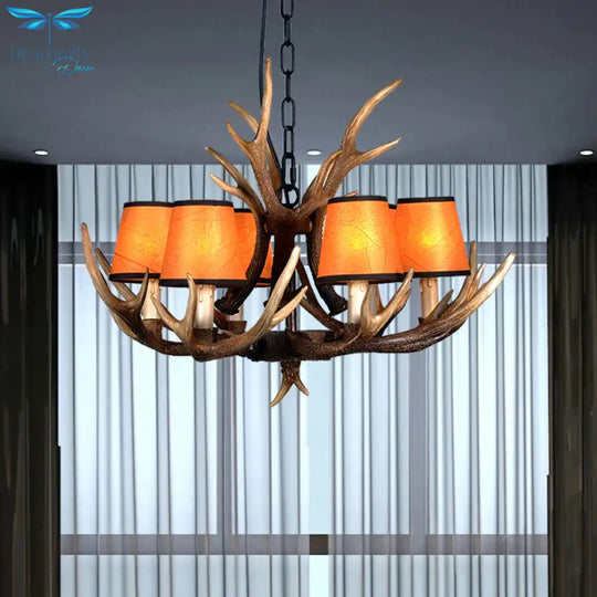 4/6/8 Lights Resin Chandelier Lamp Loft Brown Cone Dining Room Down Lighting Pendant With Fabric