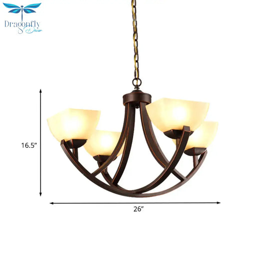 4/6 Heads Ceiling Chandelier Classic Trapezoidal Milk Glass Hanging Pendant With Arc Arm In Bronze