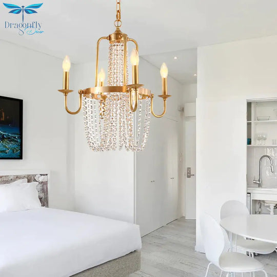 4/6 Lights Chandelier Light Minimalism Candlestick Crystal Hanging Lamp Kit In Gold For Bedroom