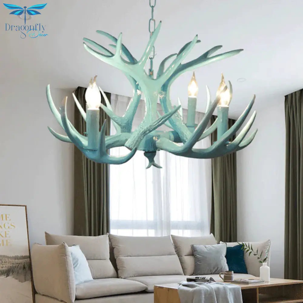 4/8 Heads Branch Chandelier Lighting Cottage Blue Resin Hanging Ceiling Lamp For Living Room