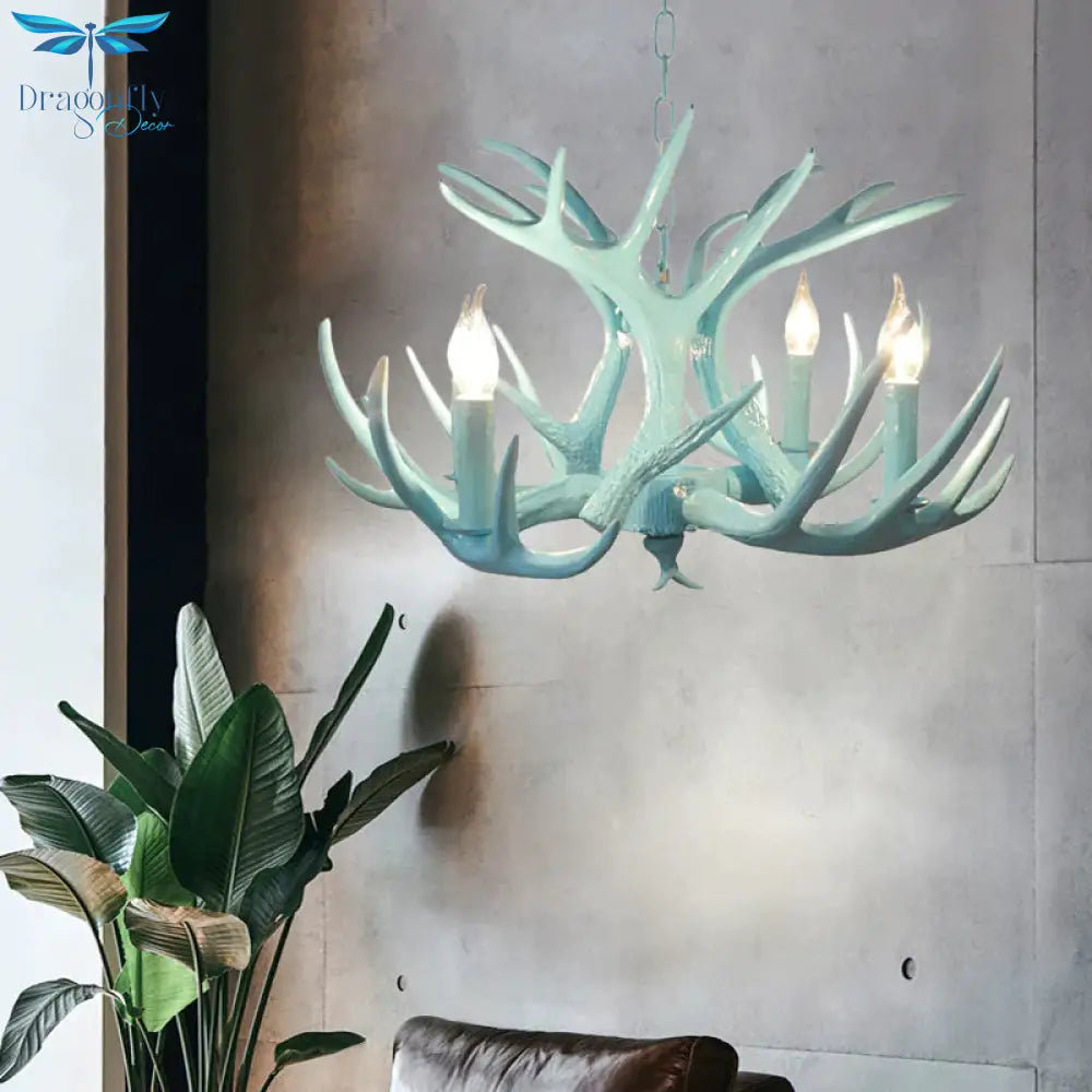 4/8 Heads Branch Chandelier Lighting Cottage Blue Resin Hanging Ceiling Lamp For Living Room