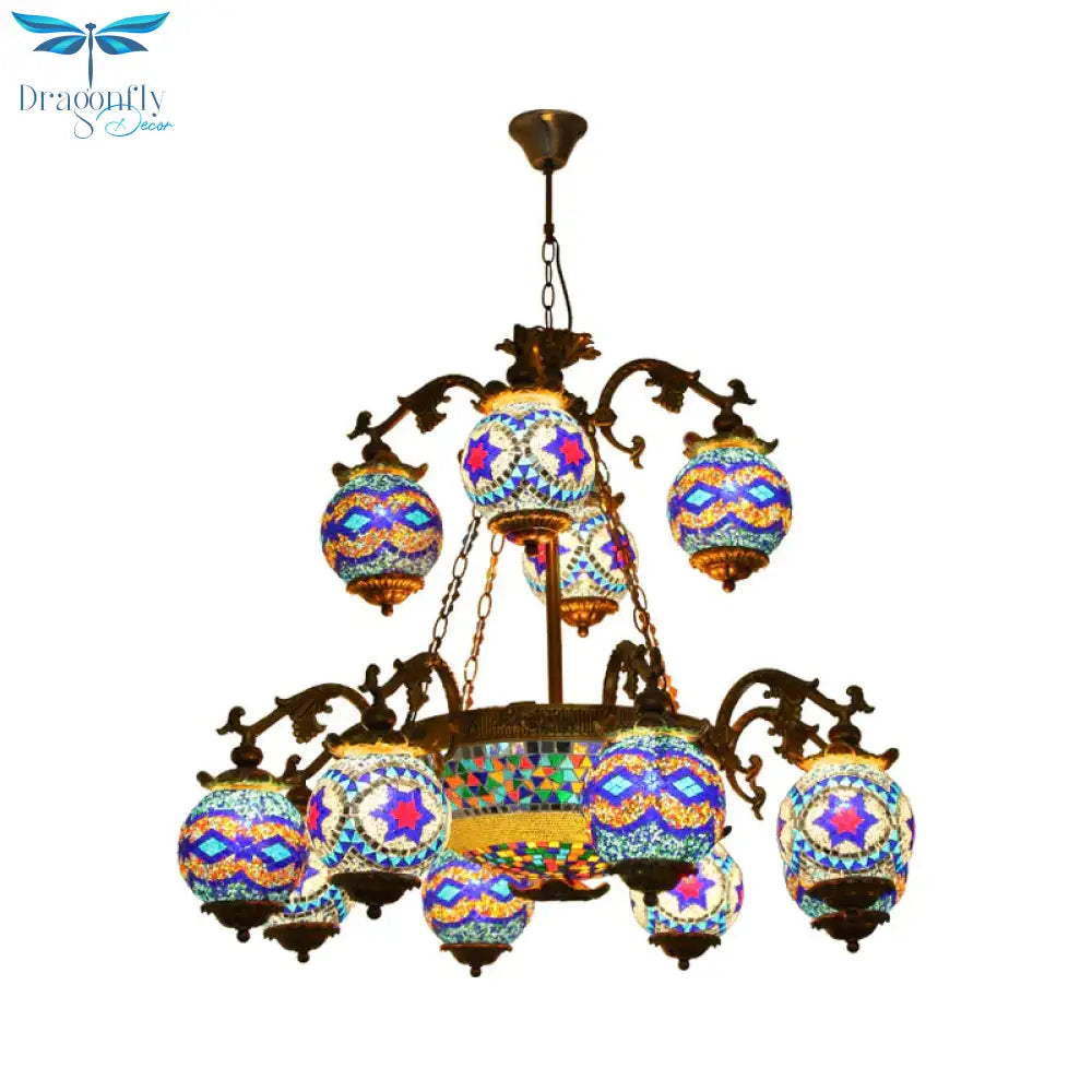4/9/13 Bulbs Chandelier Lighting Traditional Radial Stained Glass Ceiling Hang Fixture In Brass