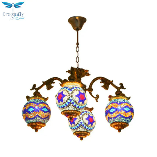 4/9/13 Bulbs Chandelier Lighting Traditional Radial Stained Glass Ceiling Hang Fixture In Brass