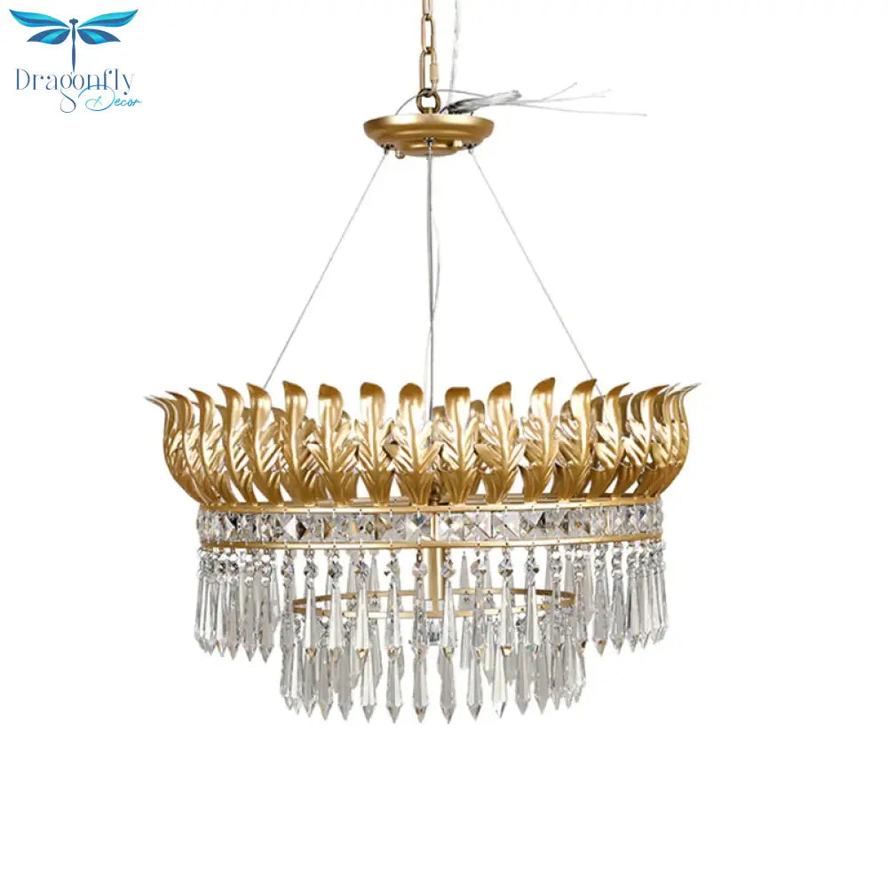 4 - Bulb Chandelier Light Fixture Rural 2 - Layered K9 Crystal Hanging Pendant In Gold With Leaf