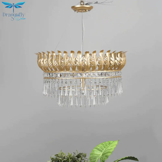 4 - Bulb Chandelier Light Fixture Rural 2 - Layered K9 Crystal Hanging Pendant In Gold With Leaf
