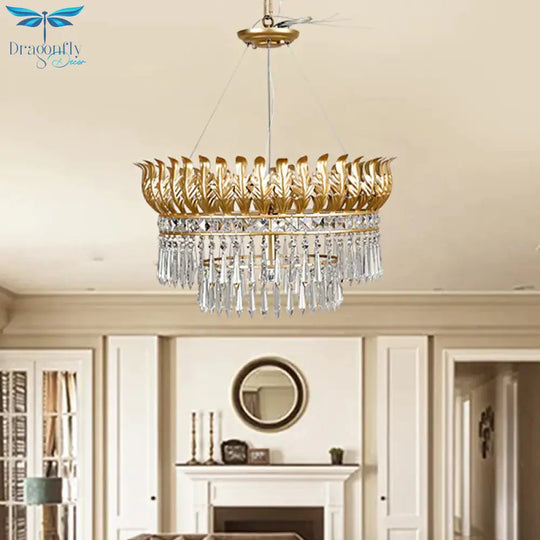 4 - Bulb Chandelier Light Fixture Rural 2 - Layered K9 Crystal Hanging Pendant In Gold With Leaf