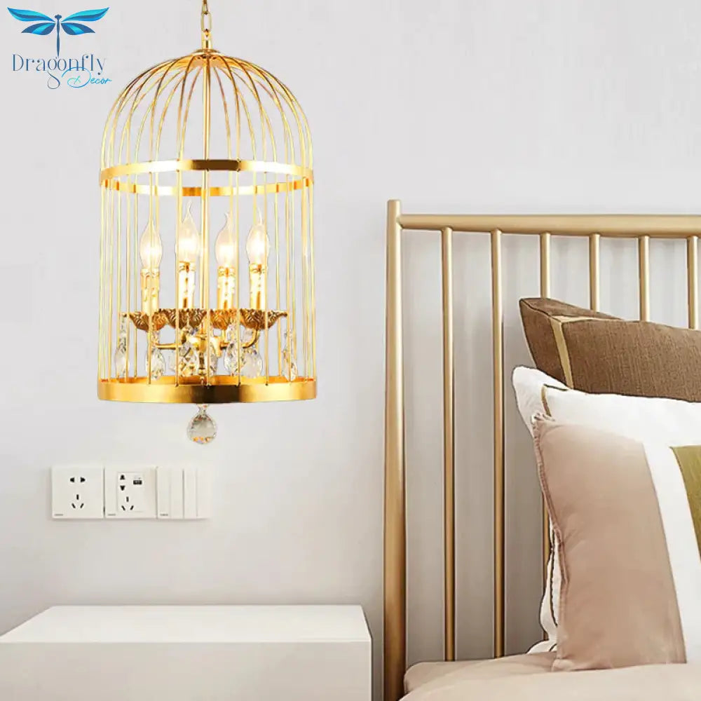 4 Bulbs Bird Cage Ceiling Chandelier Traditional Metal Suspended Lighting Fixture In Gold With