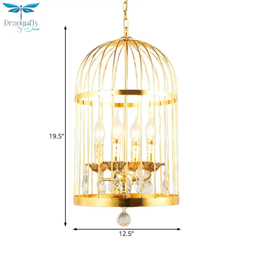 4 Bulbs Bird Cage Ceiling Chandelier Traditional Metal Suspended Lighting Fixture In Gold With