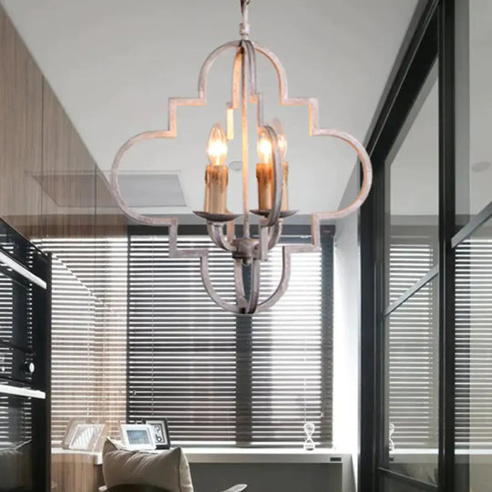 4 Bulbs Candle Ceiling Chandelier Rustic Wood Suspended Lighting Fixture In Distressed White