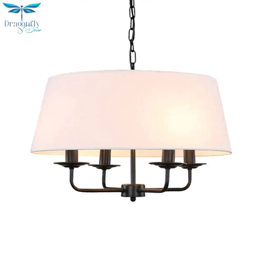 4 Bulbs Candle Chandelier Light Classic White/Green/Beige Fabric Hanging Ceiling Fixture With Drum