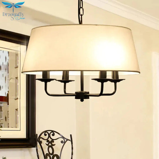 4 Bulbs Candle Chandelier Light Classic White/Green/Beige Fabric Hanging Ceiling Fixture With Drum