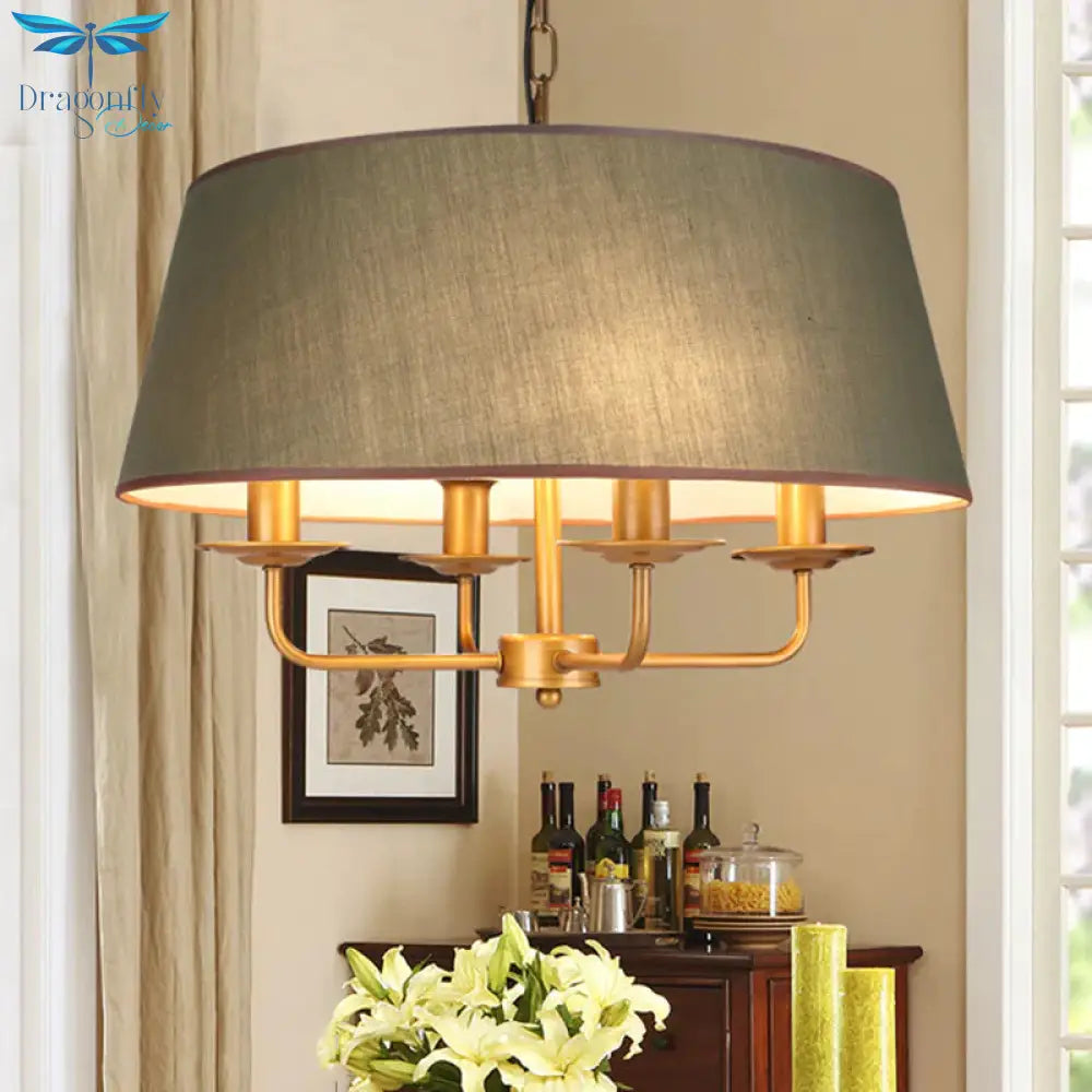 4 Bulbs Candle Chandelier Light Classic White/Green/Beige Fabric Hanging Ceiling Fixture With Drum