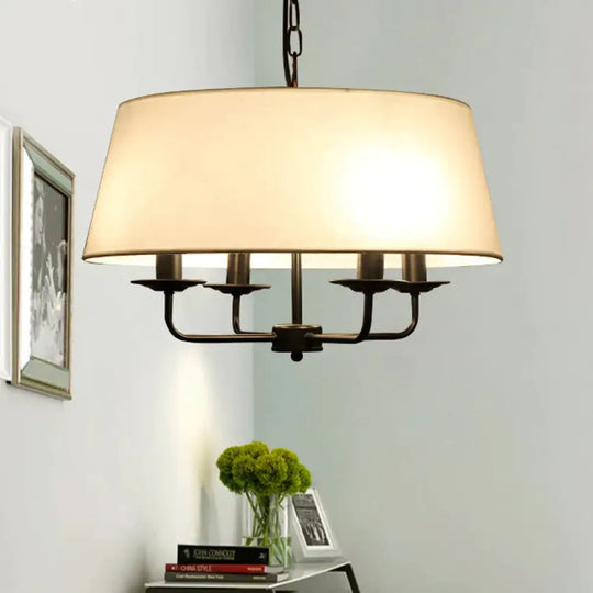 4 Bulbs Candle Chandelier Light Classic White/Green/Beige Fabric Hanging Ceiling Fixture With Drum