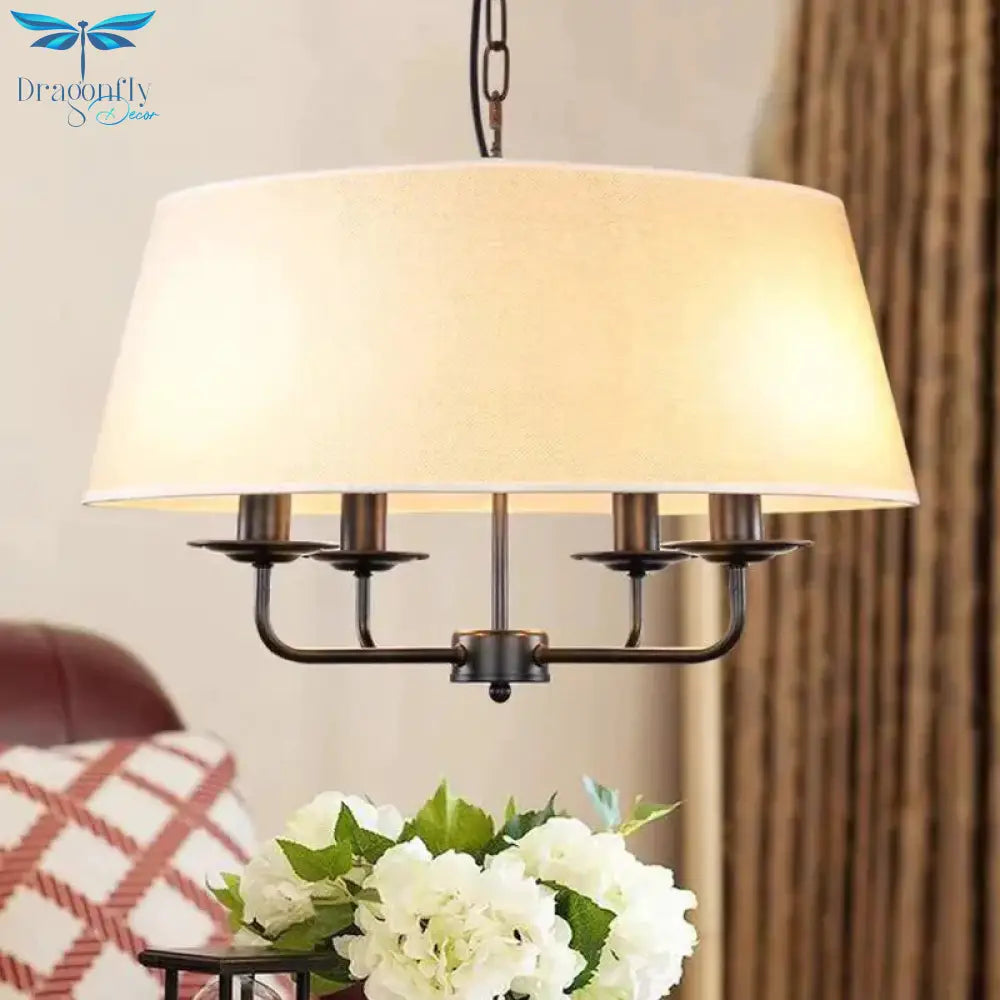 4 Bulbs Candle Chandelier Light Classic White/Green/Beige Fabric Hanging Ceiling Fixture With Drum