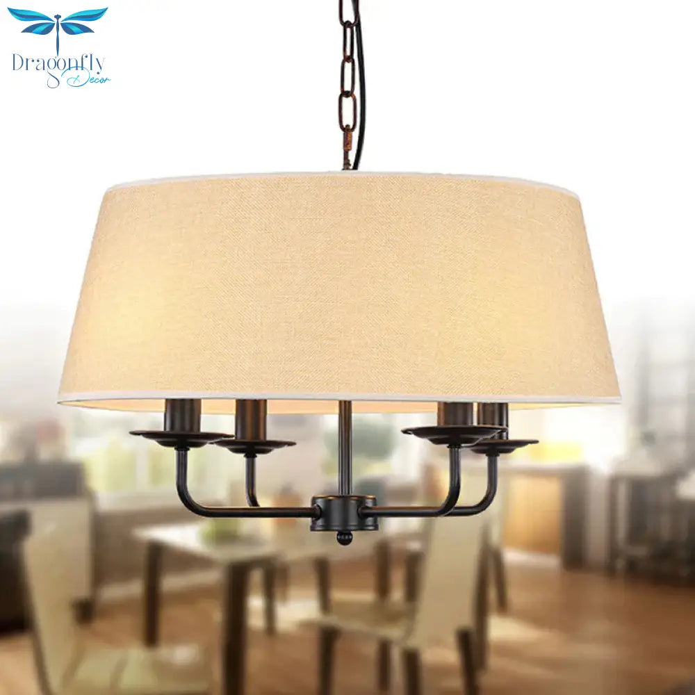 4 Bulbs Candle Chandelier Light Classic White/Green/Beige Fabric Hanging Ceiling Fixture With Drum