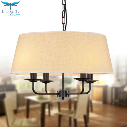 4 Bulbs Candle Chandelier Light Classic White/Green/Beige Fabric Hanging Ceiling Fixture With Drum