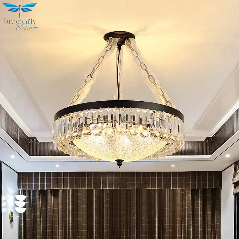 4 - Head Crystal Hanging Light Traditional Black Bowl Dining Room Chandelier With Frosted Glass