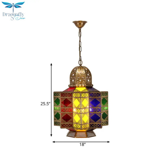 4 - Head Metal Pendant Lighting Arab Lantern Stained Glass Chandelier Light Fixture In Brass