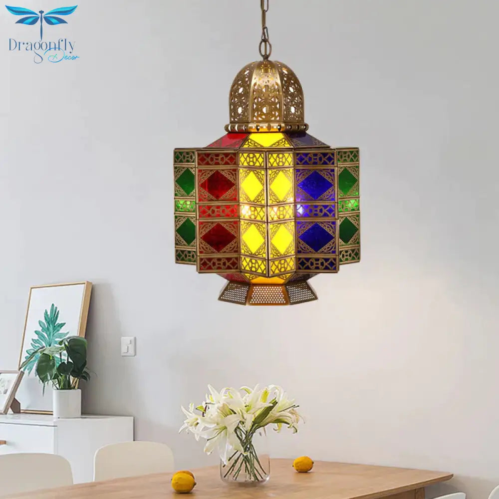 4 - Head Metal Pendant Lighting Arab Lantern Stained Glass Chandelier Light Fixture In Brass