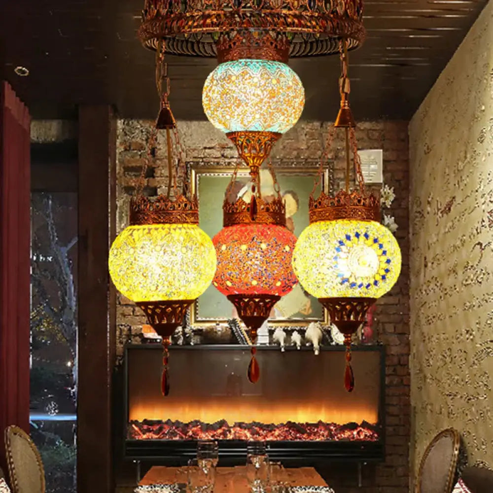 4 Heads Ceiling Chandelier Traditional Lantern Stained Glass Suspension Lighting Fixture In Copper
