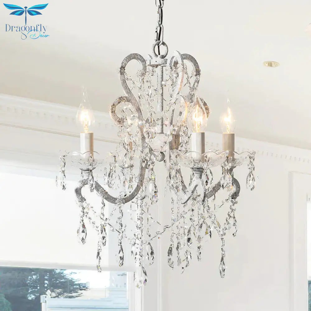 4 Heads Chandelier French Country Living Room Ceiling Suspension Lamp With Candelabrum Crystal
