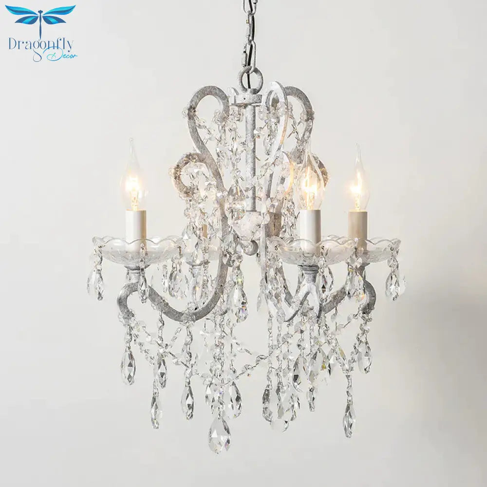 4 Heads Chandelier French Country Living Room Ceiling Suspension Lamp With Candelabrum Crystal