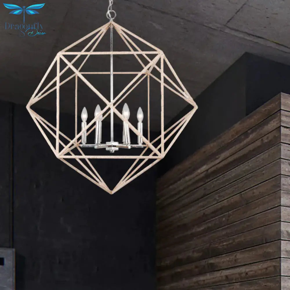4 Heads Dining Room Hanging Chandelier Contemporary Beige Ceiling Pendant Light With Cage Metal