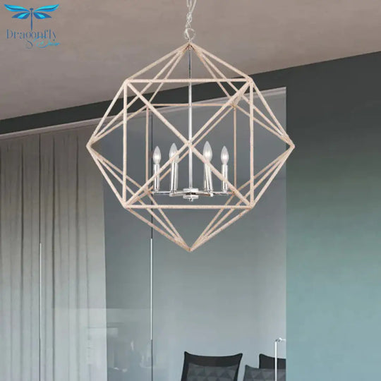 4 Heads Dining Room Hanging Chandelier Contemporary Beige Ceiling Pendant Light With Cage Metal