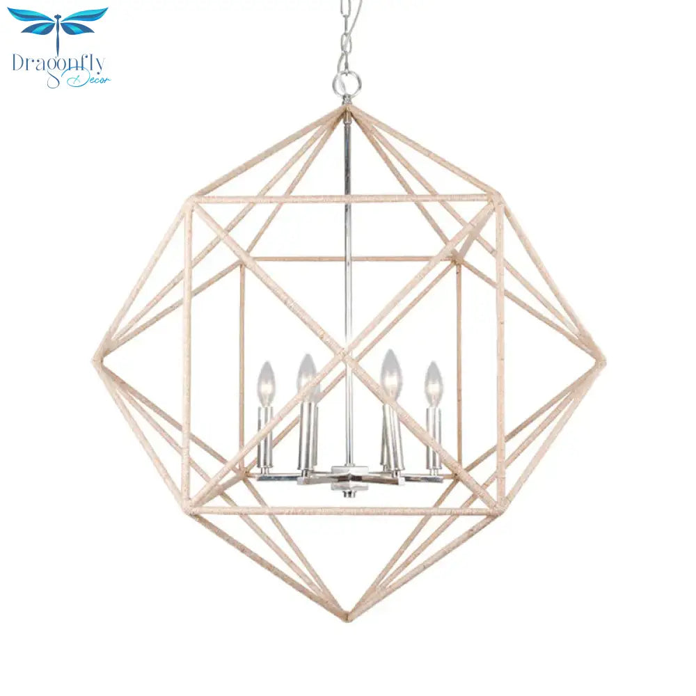4 Heads Dining Room Hanging Chandelier Contemporary Beige Ceiling Pendant Light With Cage Metal