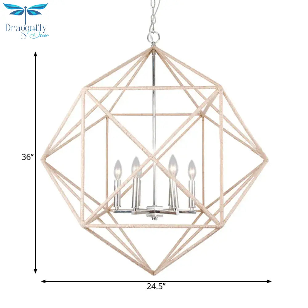 4 Heads Dining Room Hanging Chandelier Contemporary Beige Ceiling Pendant Light With Cage Metal