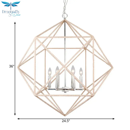 4 Heads Dining Room Hanging Chandelier Contemporary Beige Ceiling Pendant Light With Cage Metal