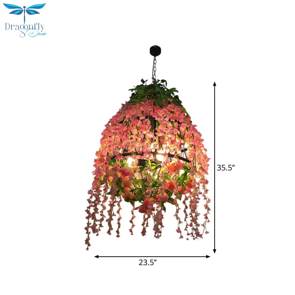 4 Heads Hanging Chandelier Industrial Restaurant Floral Pendant Light Kit With Wire Cage Metal
