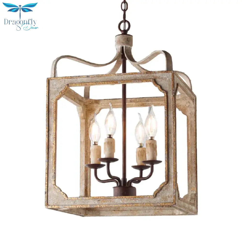 4 Heads Living Room Hanging Chandelier Retro Rust Ceiling Pendant Light With Cube Metal Cage