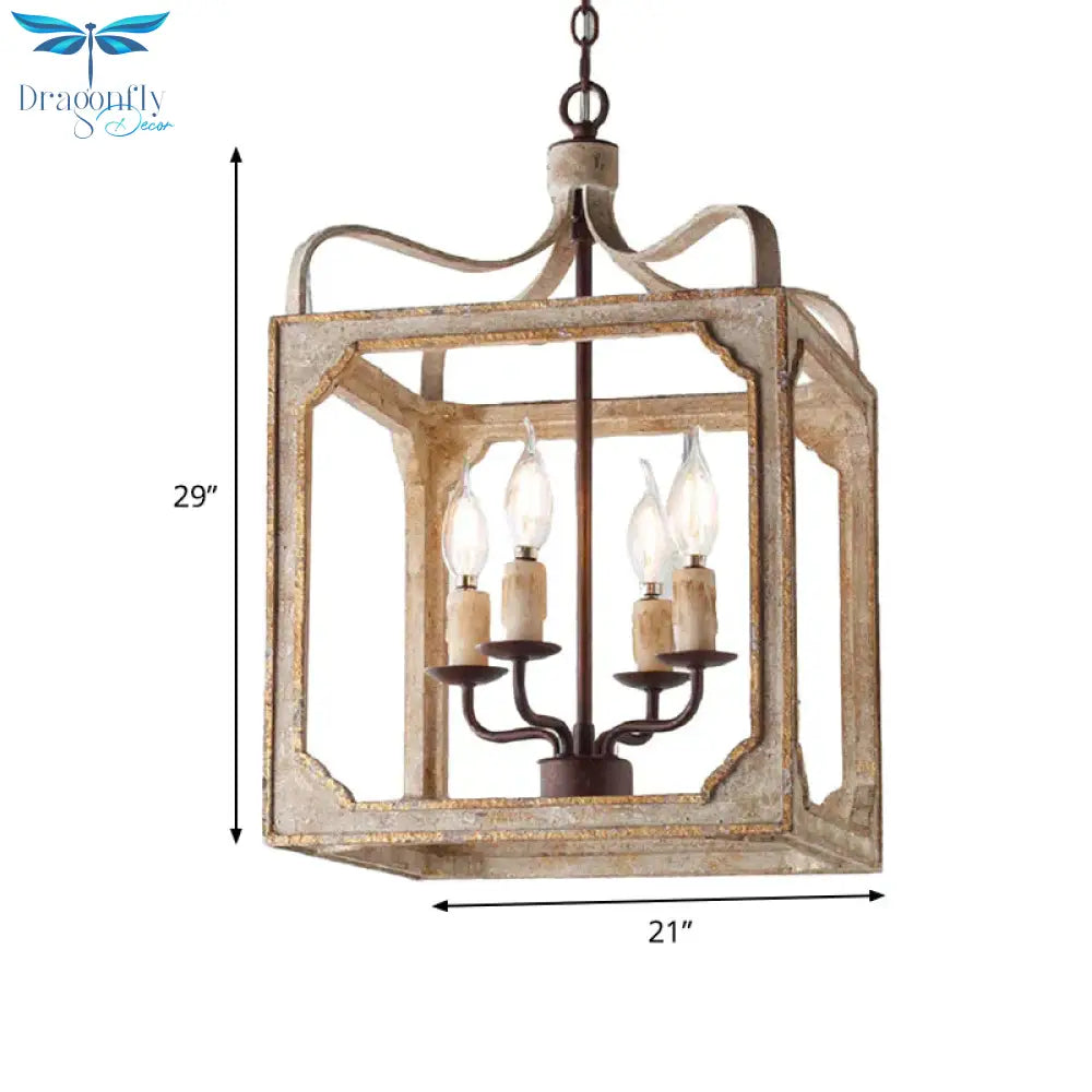 4 Heads Living Room Hanging Chandelier Retro Rust Ceiling Pendant Light With Cube Metal Cage