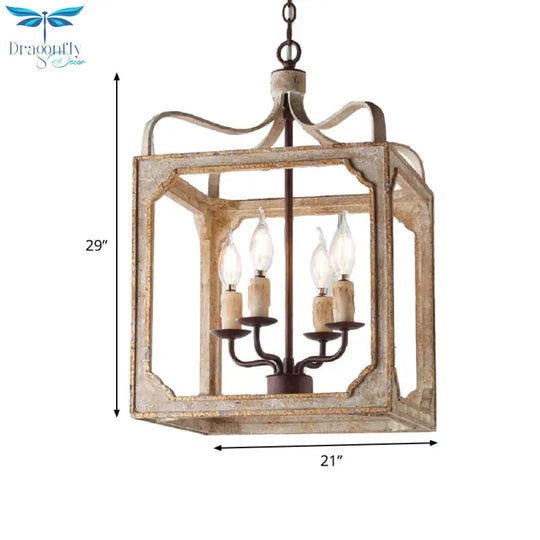 4 Heads Living Room Hanging Chandelier Retro Rust Ceiling Pendant Light With Cube Metal Cage