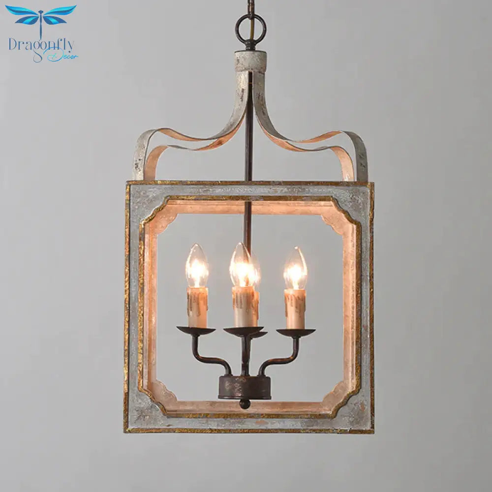4 Heads Living Room Hanging Chandelier Retro Rust Ceiling Pendant Light With Cube Metal Cage