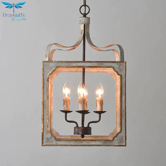 4 Heads Living Room Hanging Chandelier Retro Rust Ceiling Pendant Light With Cube Metal Cage