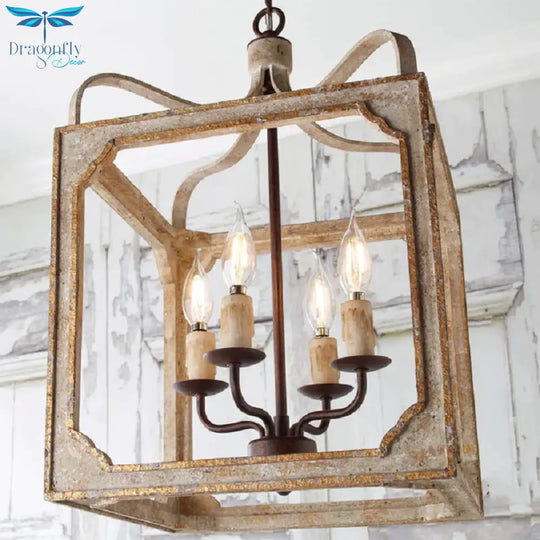 4 Heads Living Room Hanging Chandelier Retro Rust Ceiling Pendant Light With Cube Metal Cage