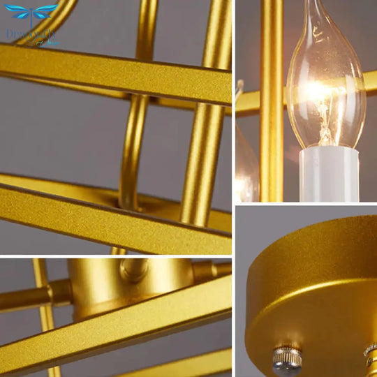 4 Heads Metal Chandelier Vintage Style Gold Cage Shade Living Room Pendant Light With Adjustable