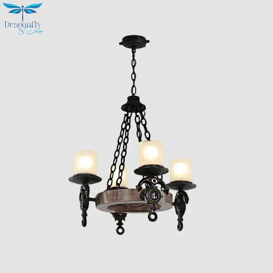 4 Heads Parlor Chandelier Light Children Blue/Brown Hanging Lamp Kit With Cylinder Frosted Glass