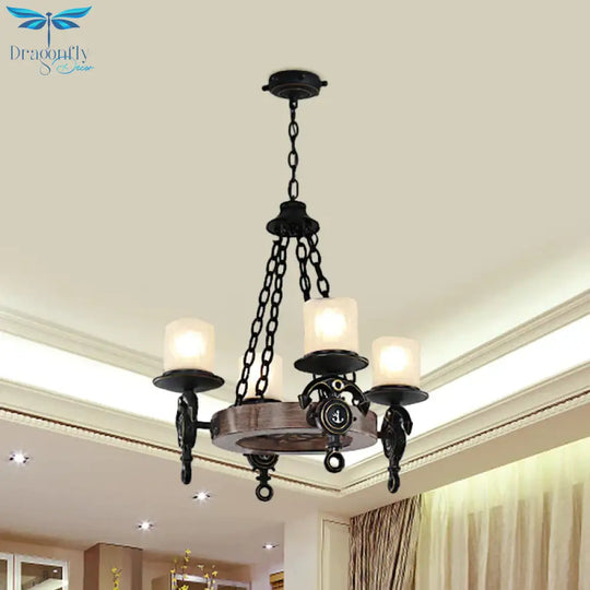 4 Heads Parlor Chandelier Light Children Blue/Brown Hanging Lamp Kit With Cylinder Frosted Glass