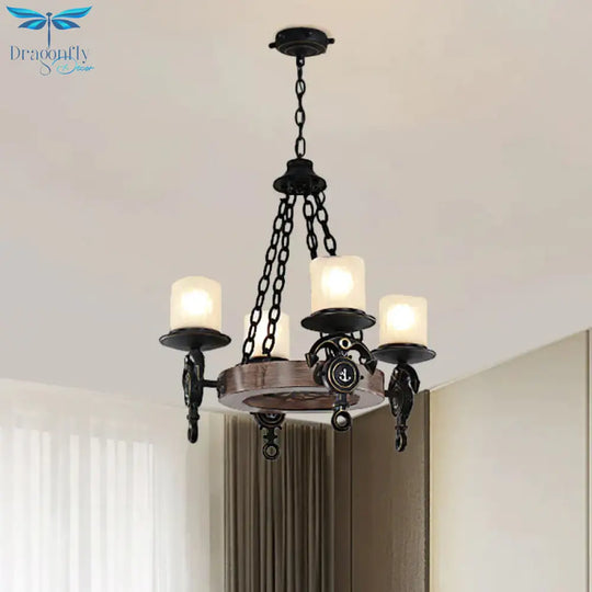 4 Heads Parlor Chandelier Light Children Blue/Brown Hanging Lamp Kit With Cylinder Frosted Glass